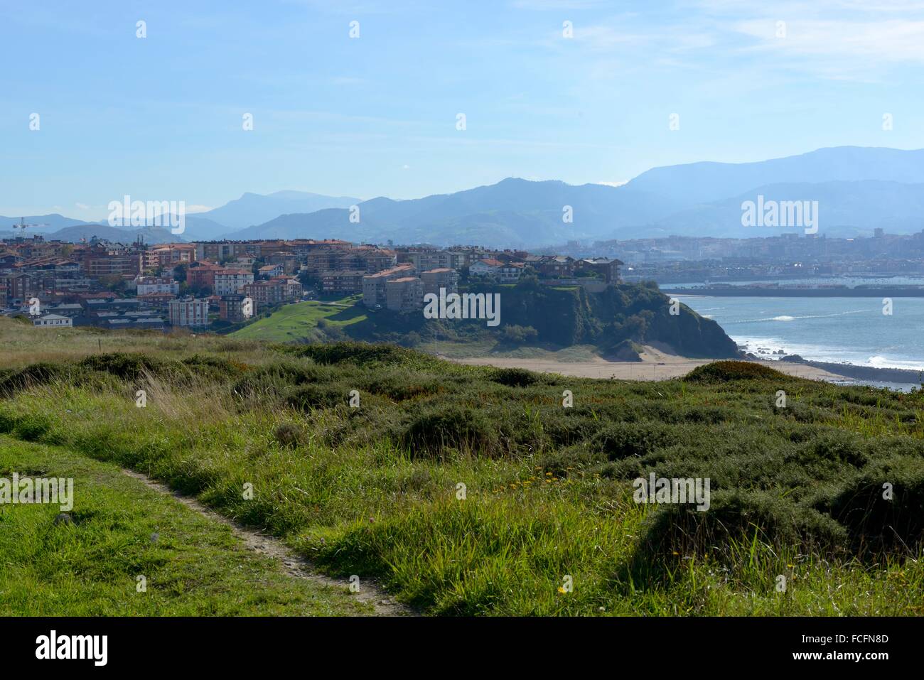 algorta panoramic photo showing the beach and in the background the port of Bilbao Stock Photo