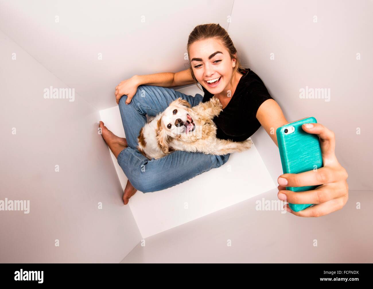 a 19 year old woman with her cocker spaniel in a white box. Stock Photo