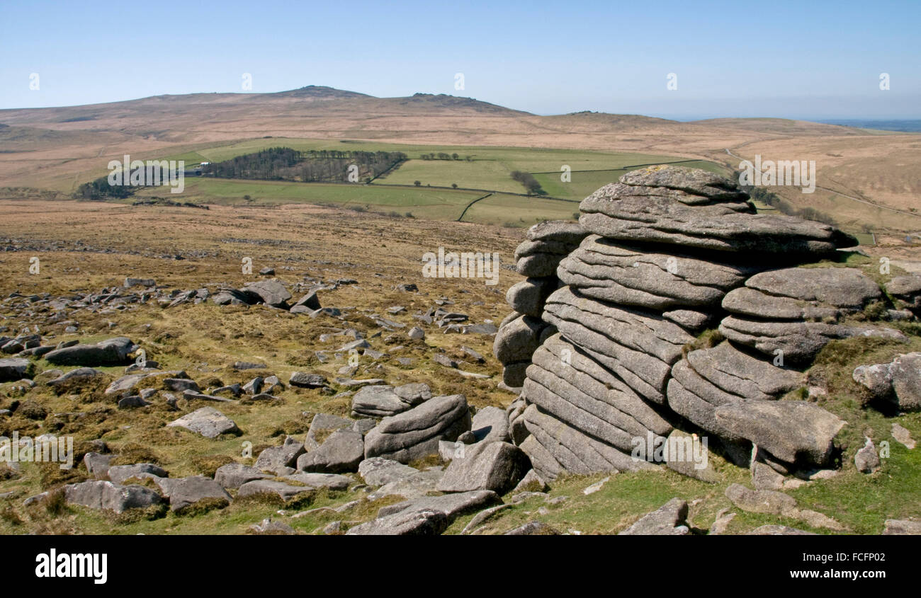 On Belstone Tor, Dartmoor, looking west towards the moors highest peaks, Yes Tor and High Willhays Stock Photo