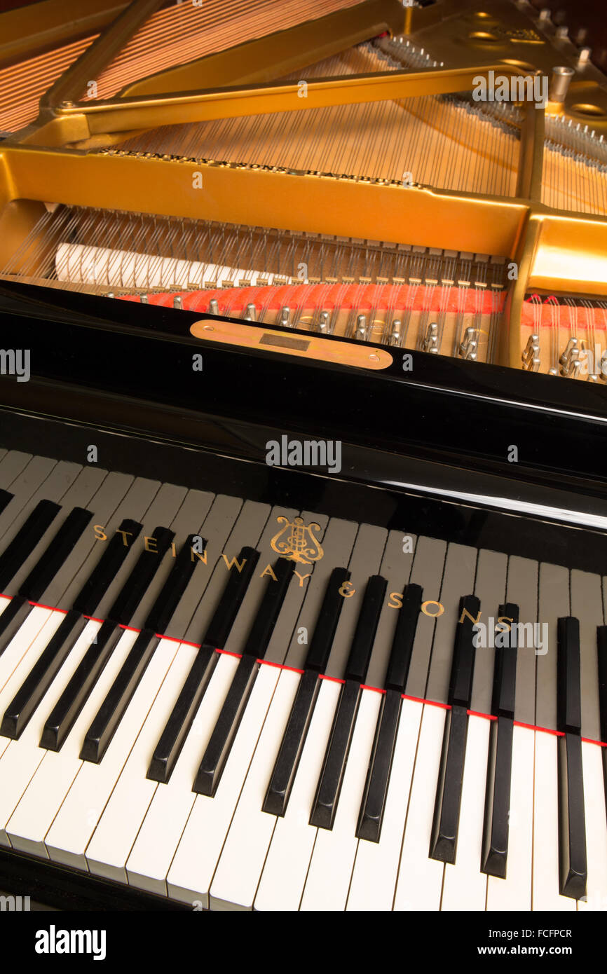 close up shot of a black steinway & sons model b grand piano with the lid open showing the keys, strings and logo Stock Photo