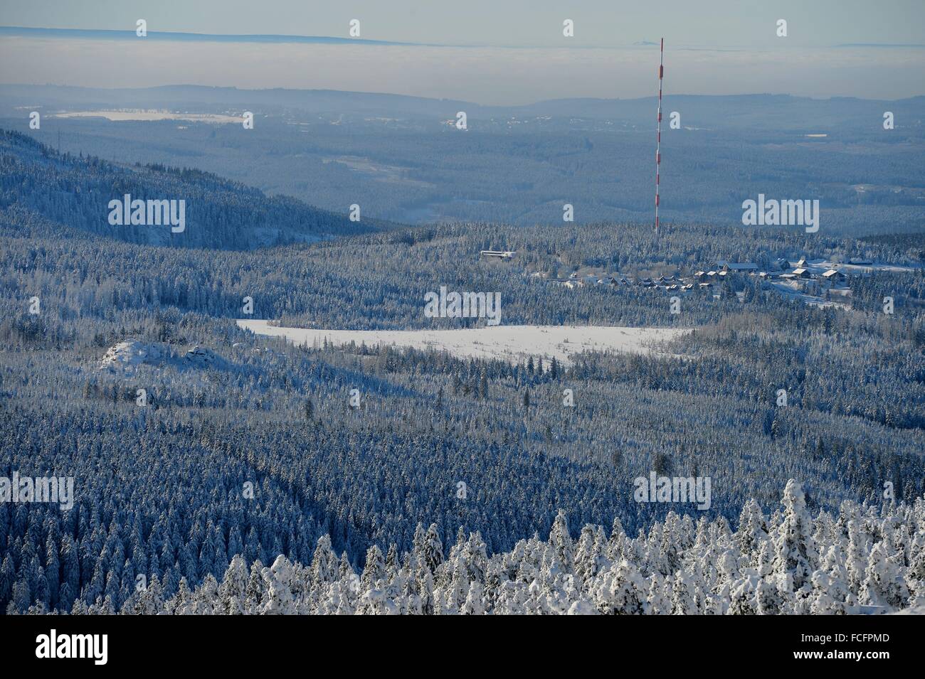 View from the peak of the mountain 'Brocken' in the Harz mountains, Germany, 21. January 2016. Photo: Frank May Stock Photo