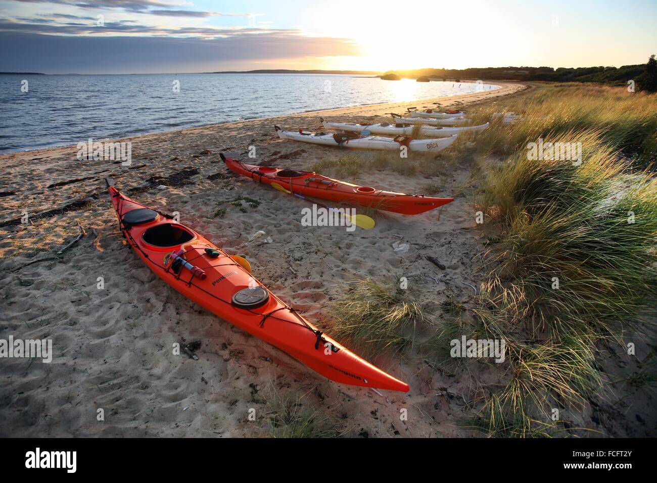 Sea kayaks on a beach on French Island, Victoria, Australia Stock Photo