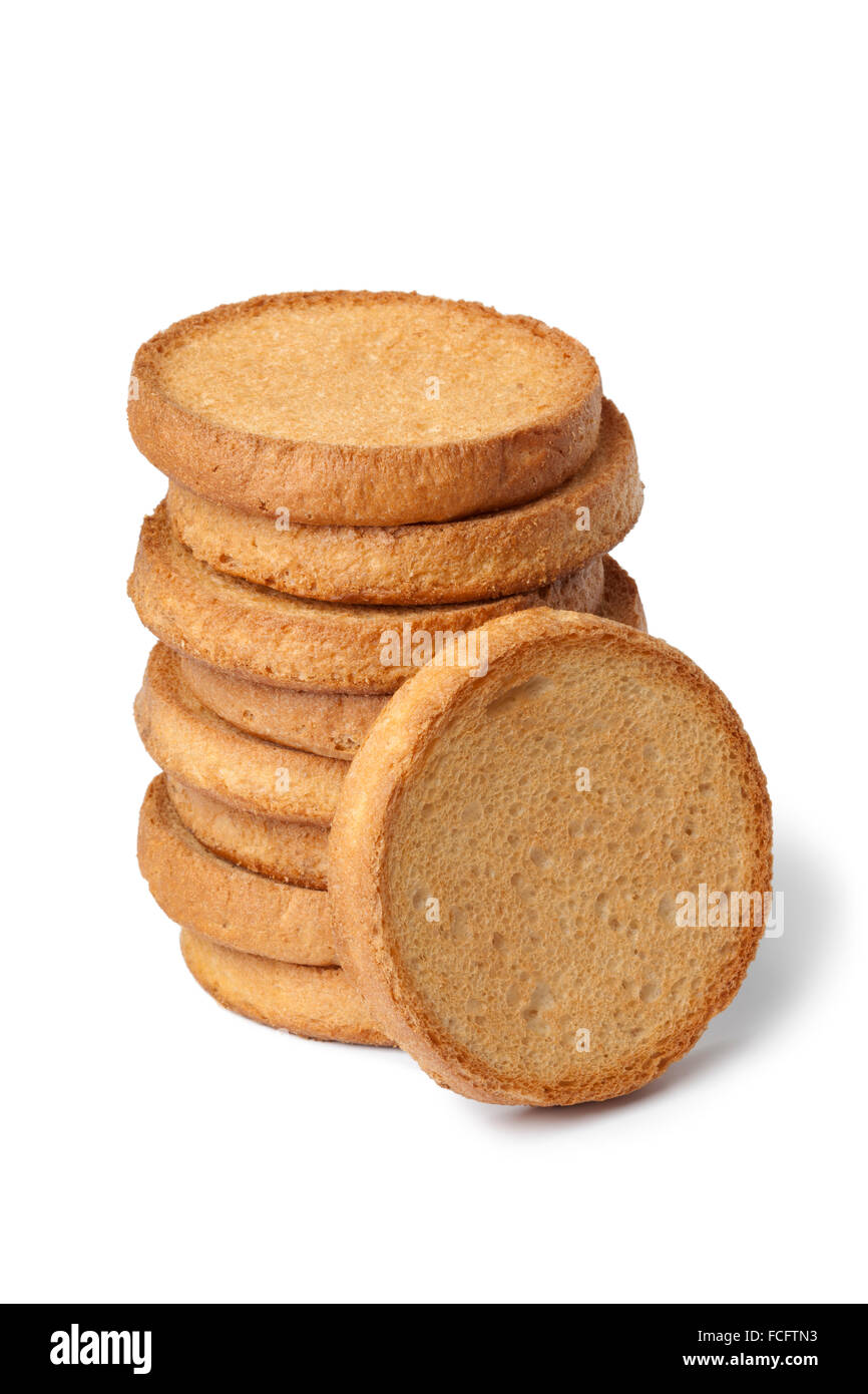 Pile of plain fresh dutch beschuit on white background Stock Photo