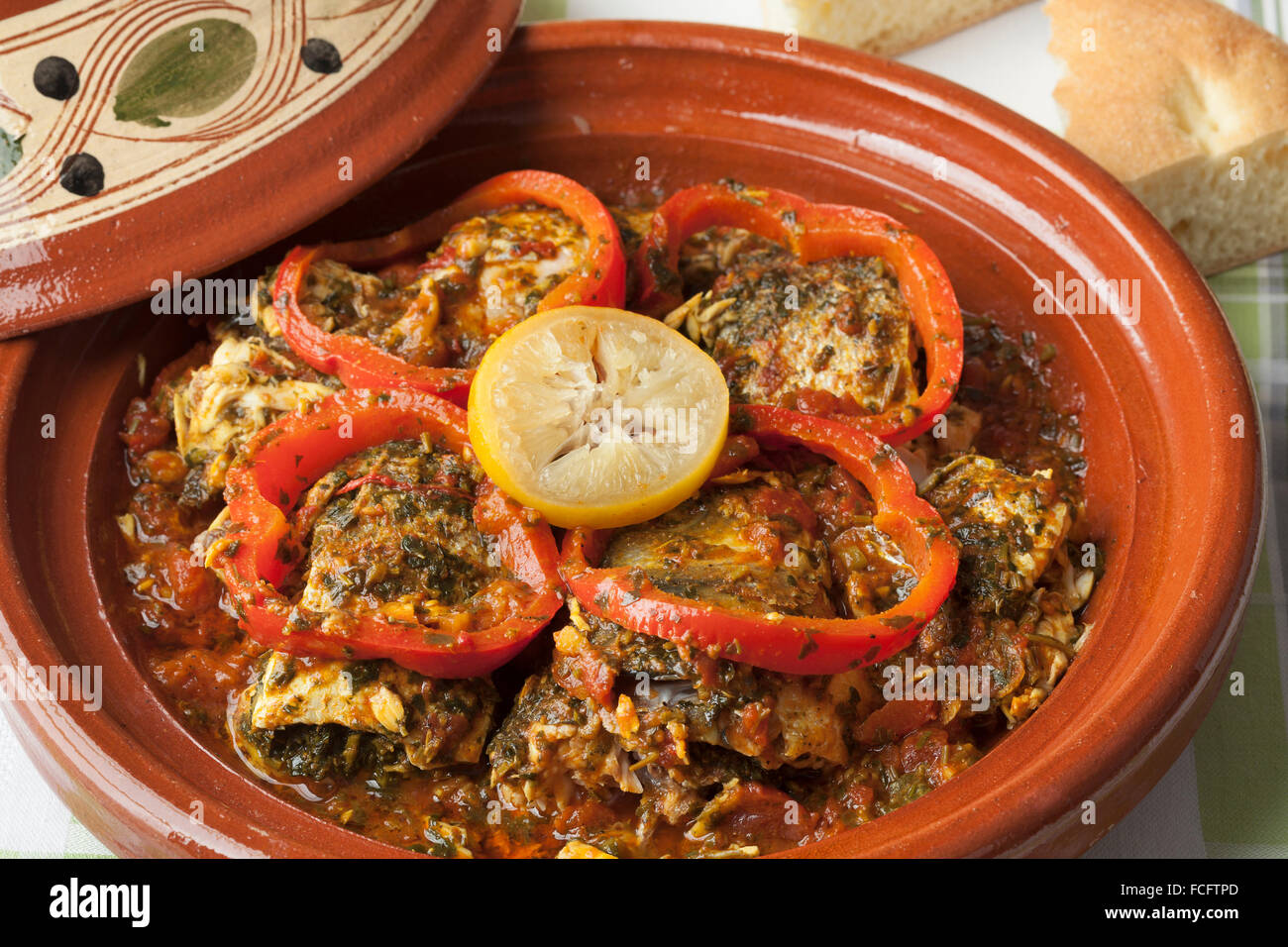 Moroccan fish tagine with chermoula, red peppers and preserved lemon