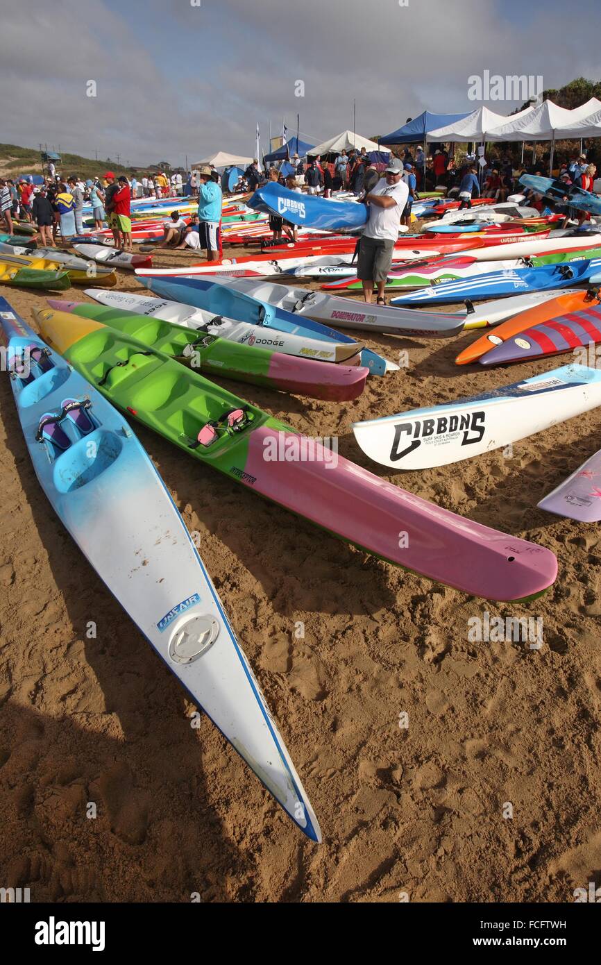 Surf ski kayaks during a surf lifesaver carnival. Victoria, Australia. Stock Photo