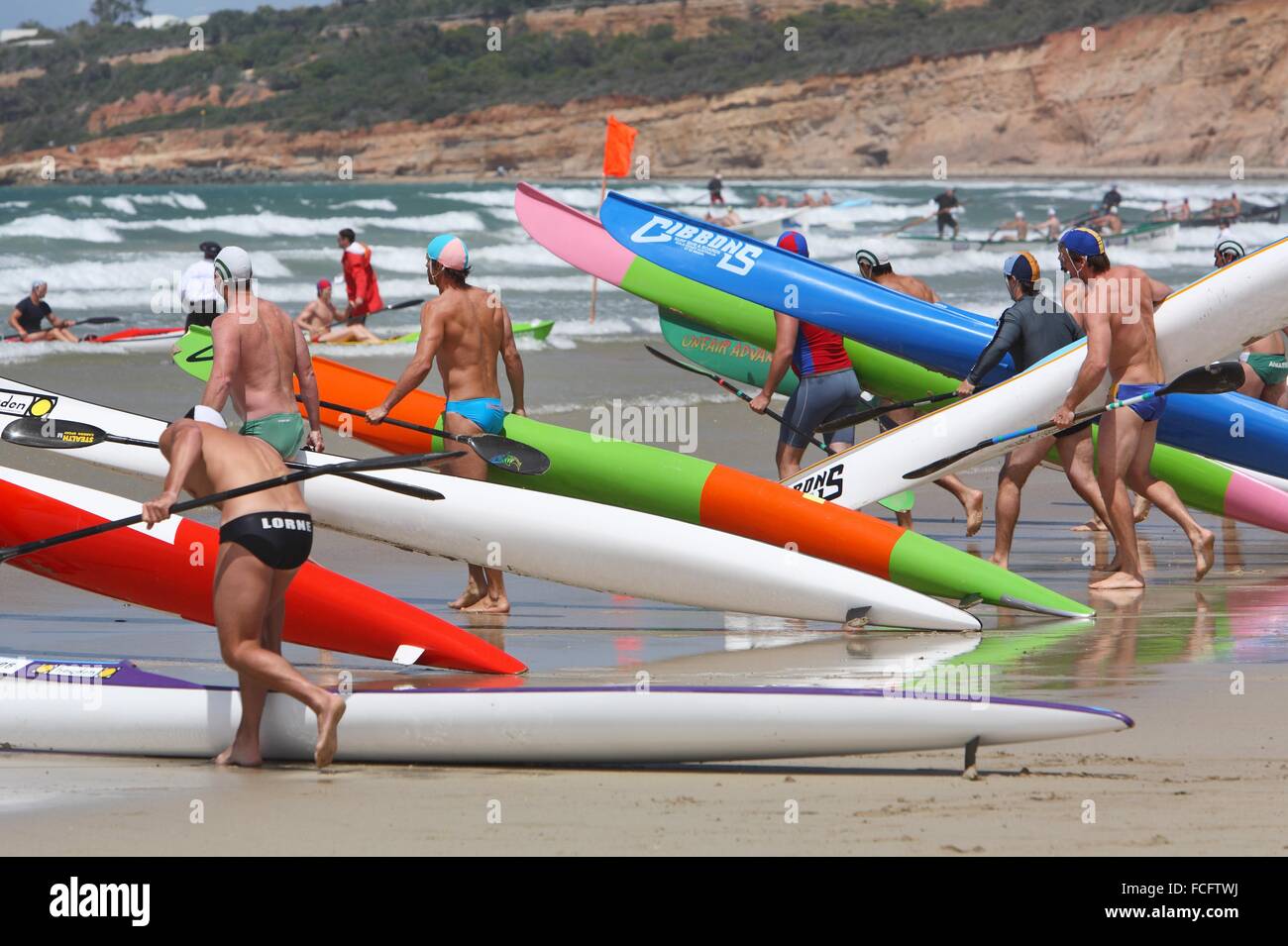 Surf ski race during a surf carnival in Victoria, Australia. Stock Photo