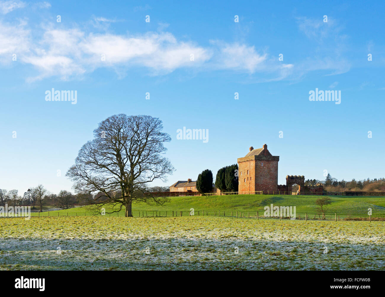 Kirkandrews Tower, a fortified house at Kirkandrews-on-Esk, Cumbria, England UK Stock Photo