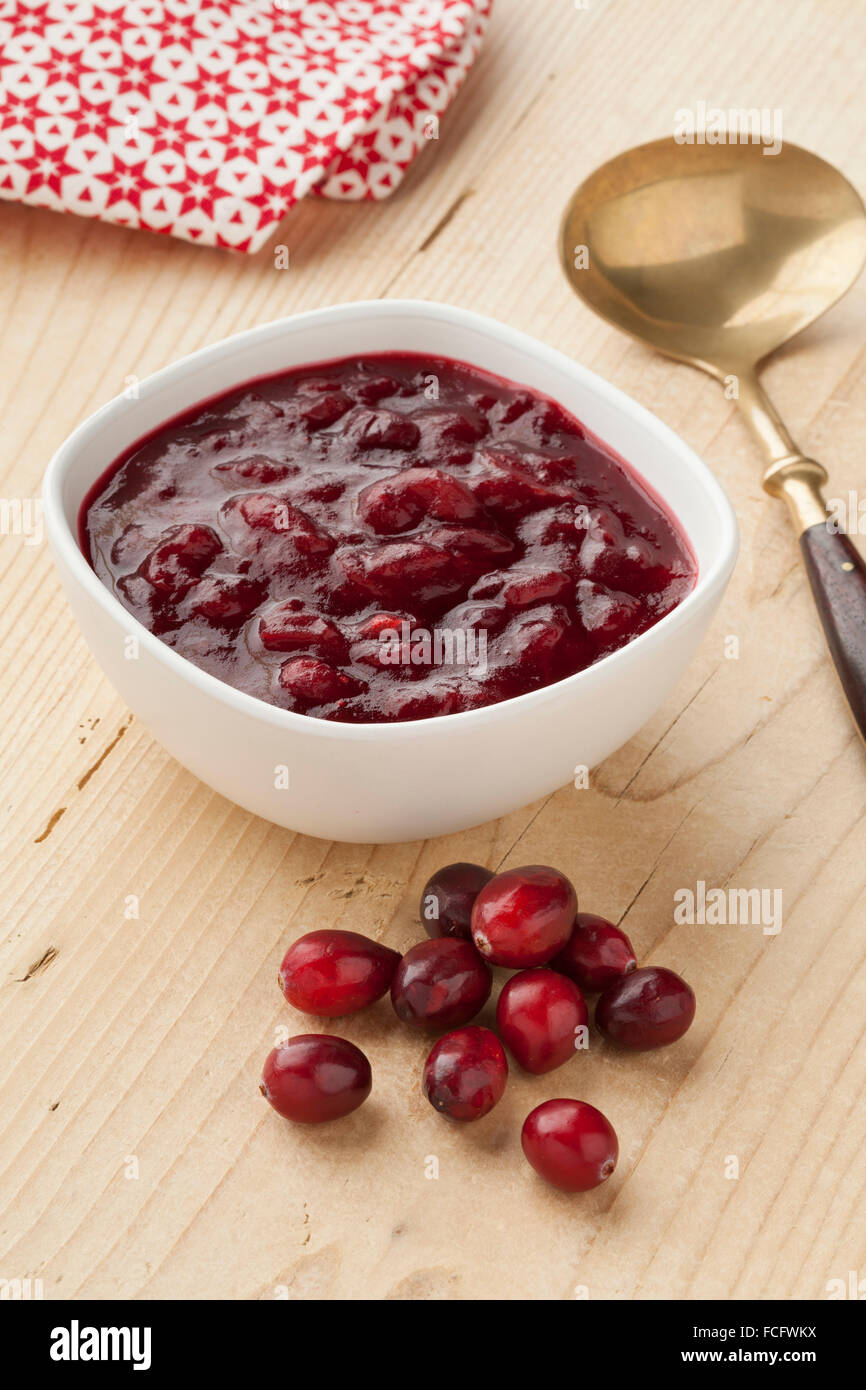 Homemade cranberry sauce with fresh cranberries Stock Photo