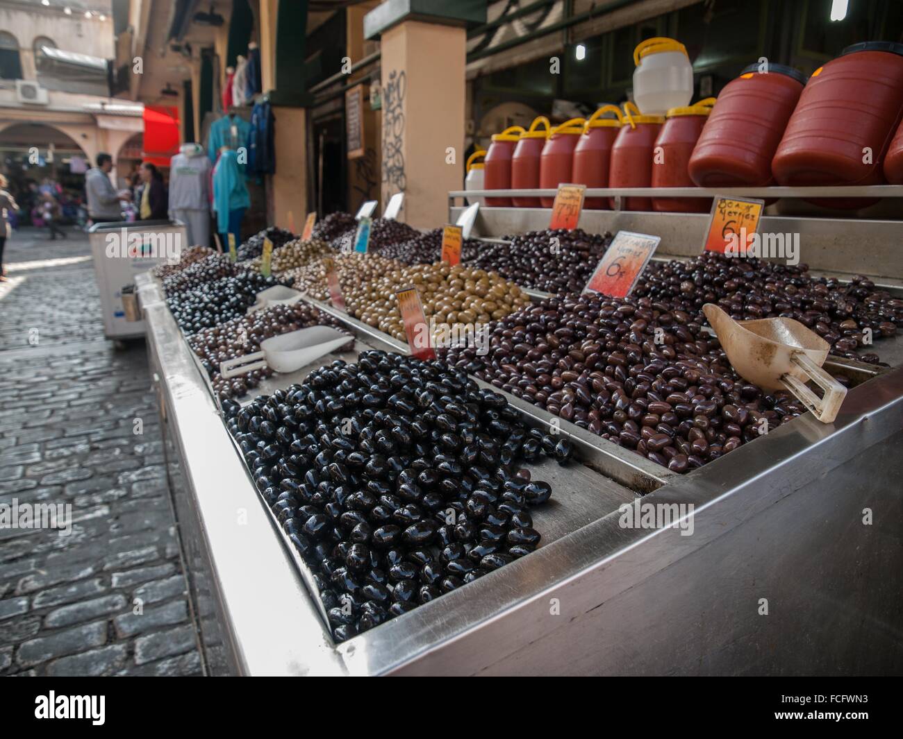 Various olives at the outdoor market in Thessaloniki, Greece, Europe. Stock Photo