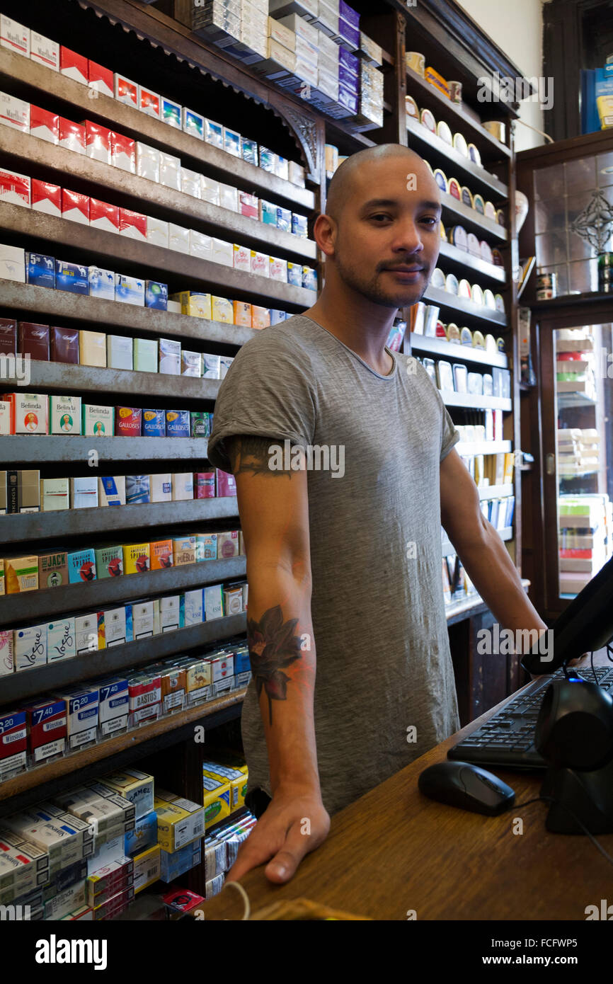 Tobacconist in Dutch tobacconist's shop, selling tobacco products
