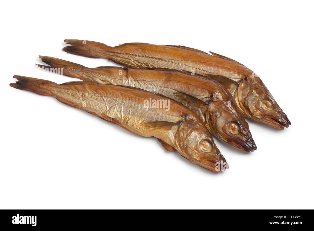 Fresh smoked whiting fish on white background Stock Photo