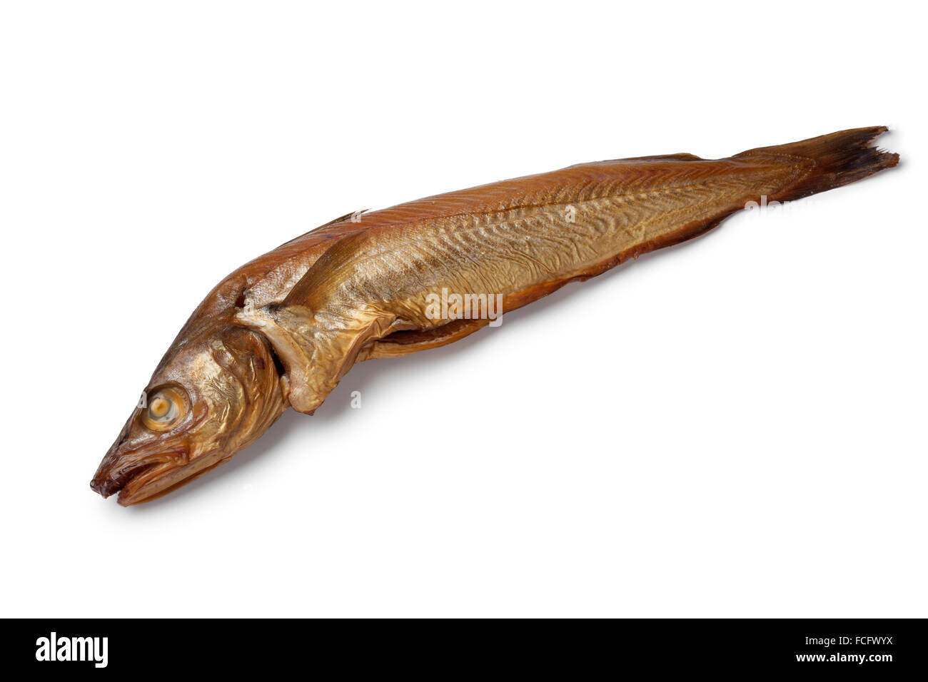 Fresh smoked whiting fish on white background Stock Photo