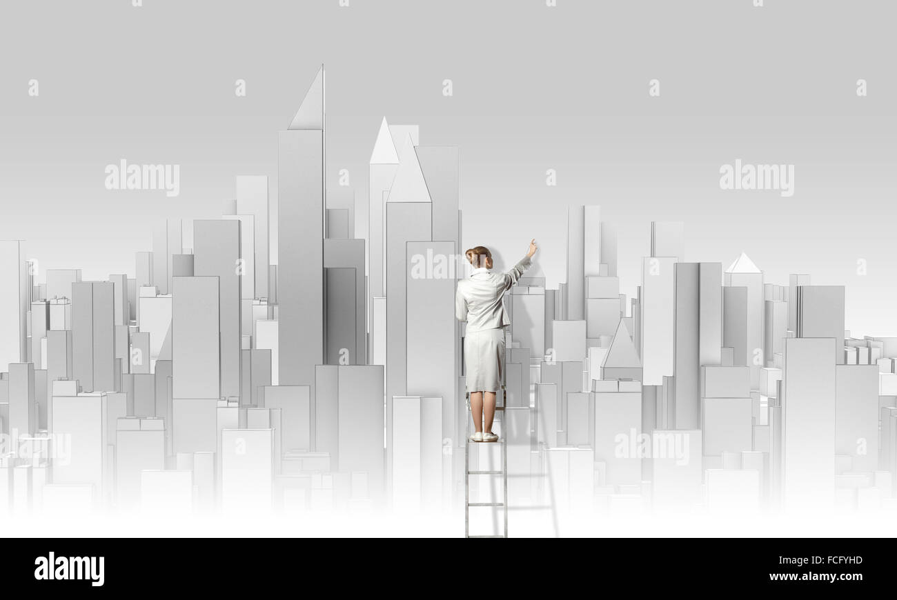 https://c8.alamy.com/comp/FCFYHD/businesswoman-standing-on-ladder-with-back-and-drawing-project-of-FCFYHD.jpg