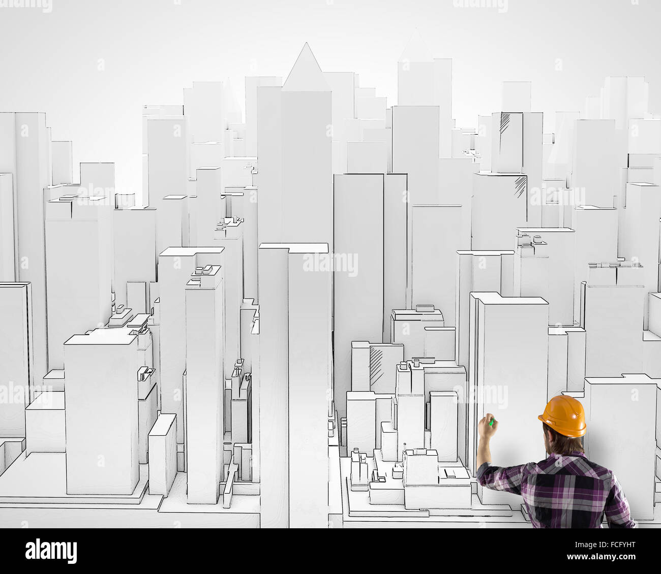 Rear view of engineer drawing project of business district Stock Photo ...