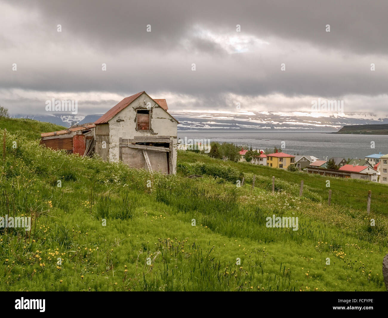 Old broken down house on a green hillside looking over the water in Isafjordur Iceland. Stock Photo