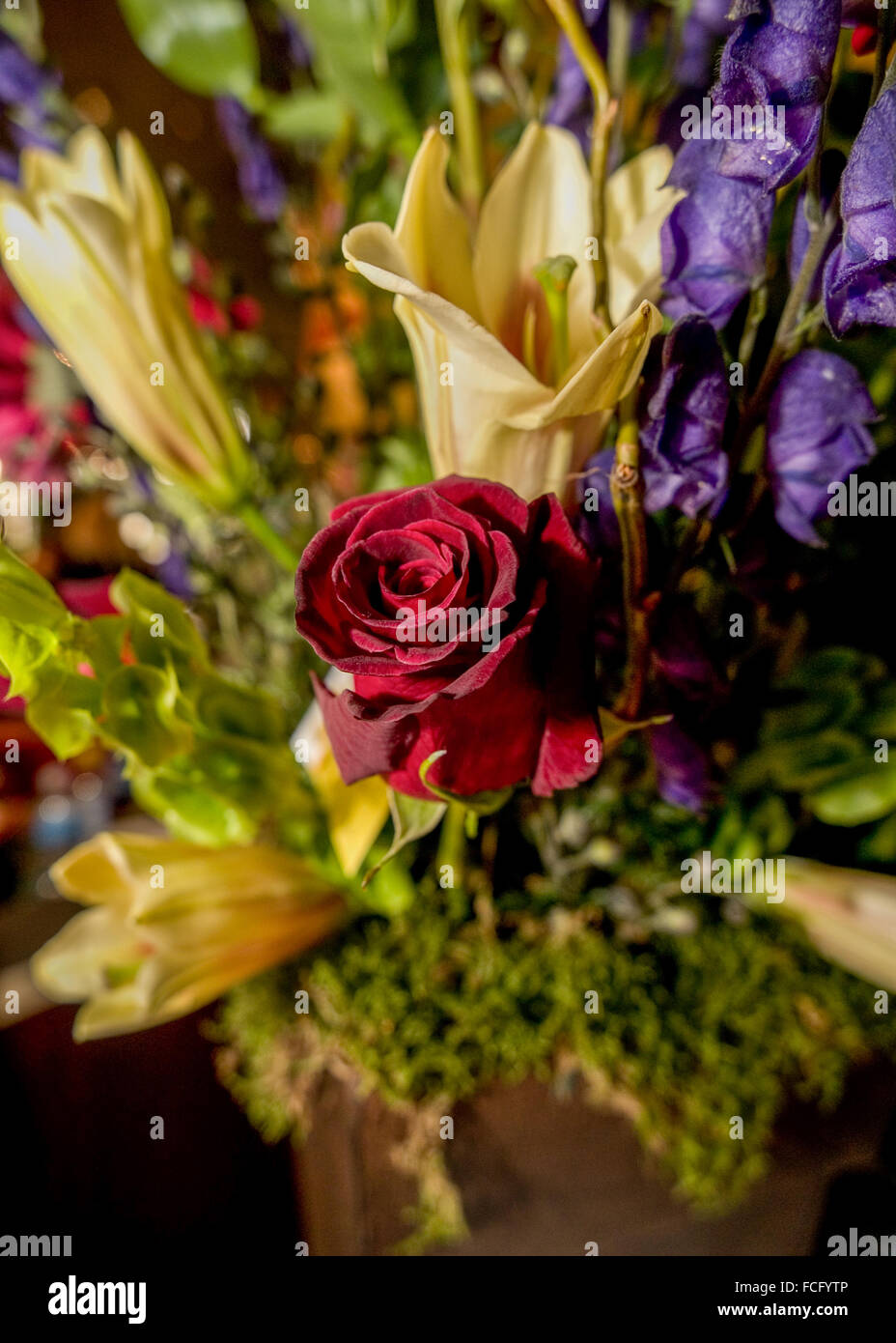 Close up or red rose in a multicoloured flower bouquet which includes