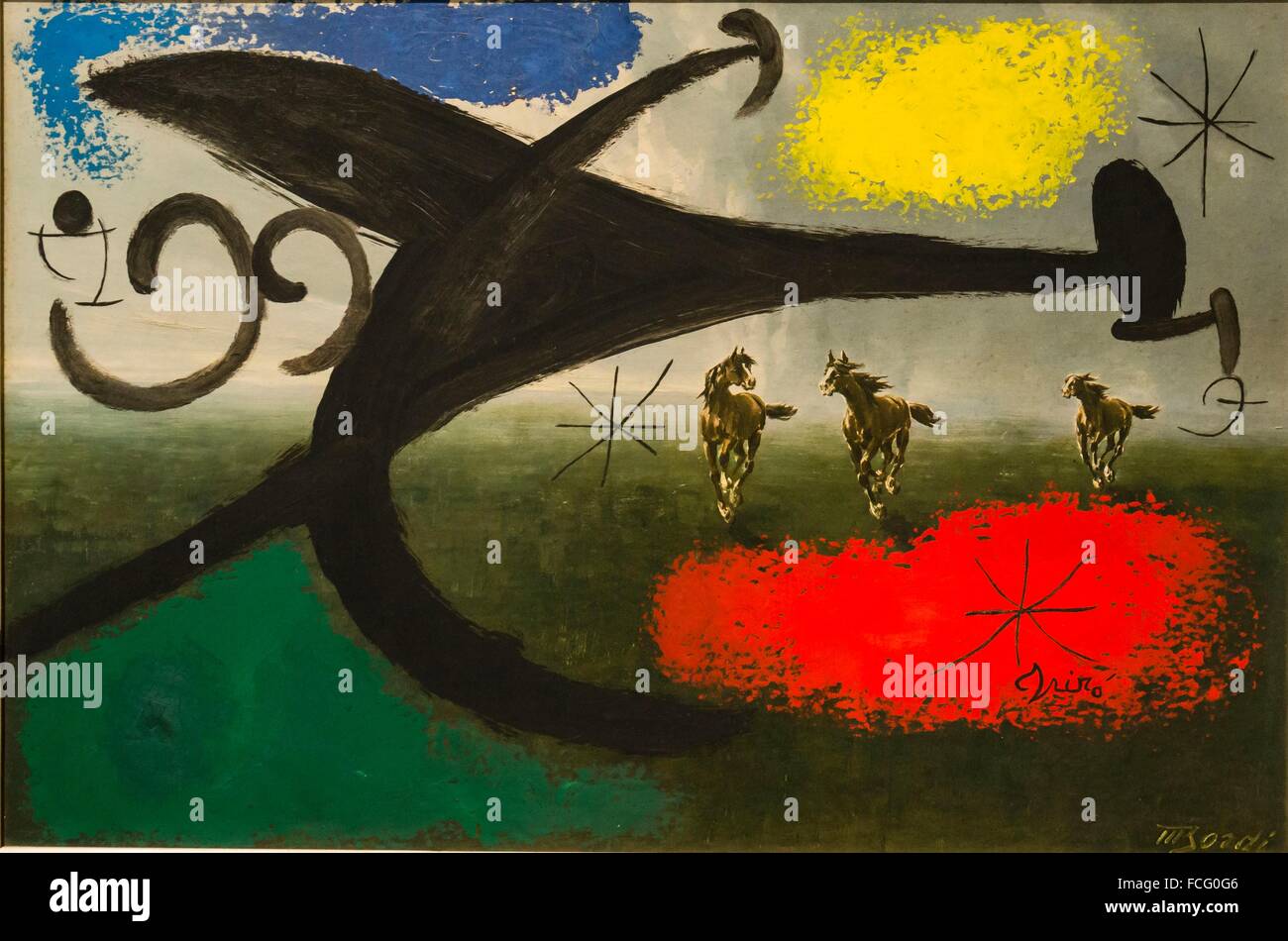 Chevaux en fuite par le vol de l´oiseauterreur, Joan Miró, 1976, óleo sobre aglomerado, museo