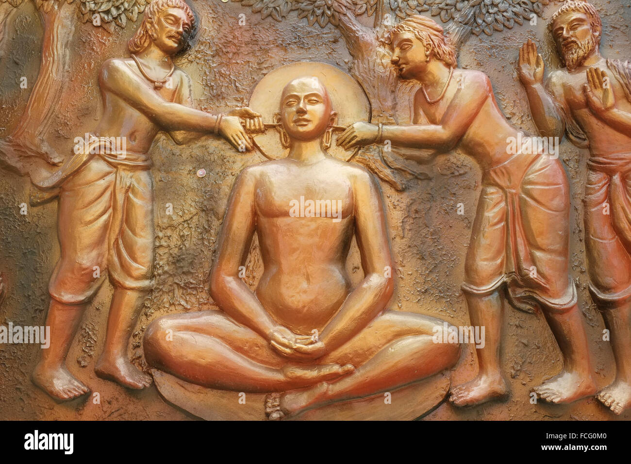 A sculptured panel outside the Sheetalnathji Jain Temple, Kolkata (Calcutta), West Bengal, India. Stock Photo