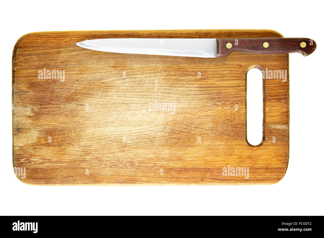 Knife on chopping board isolated over white background Stock Photo