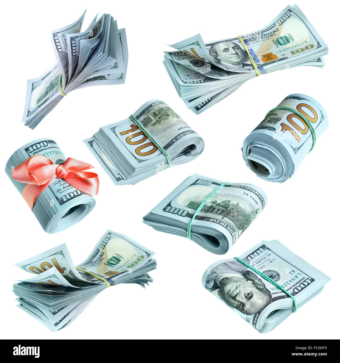 Collection of bundles of US dollars isolated over the white background Stock Photo