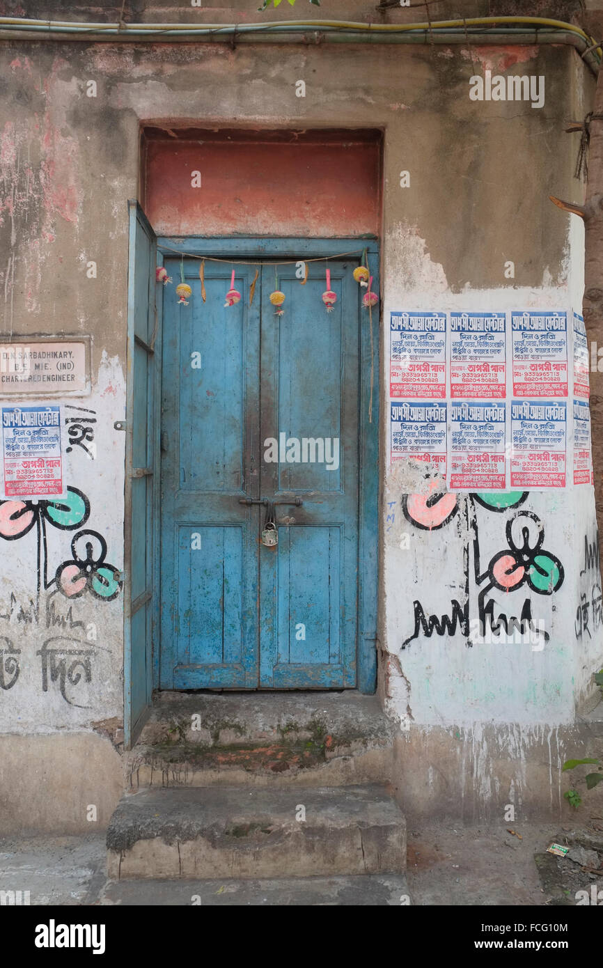 Old doorway of a building belonging to a chartered engineer in Kolkata (Calcutta), West Bengal, India. Stock Photo