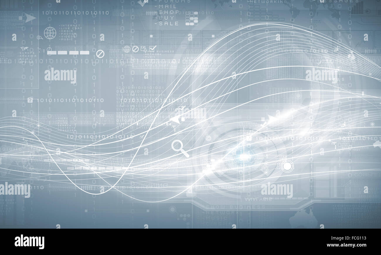 Media background image with icons and binary code Stock Photo - Alamy