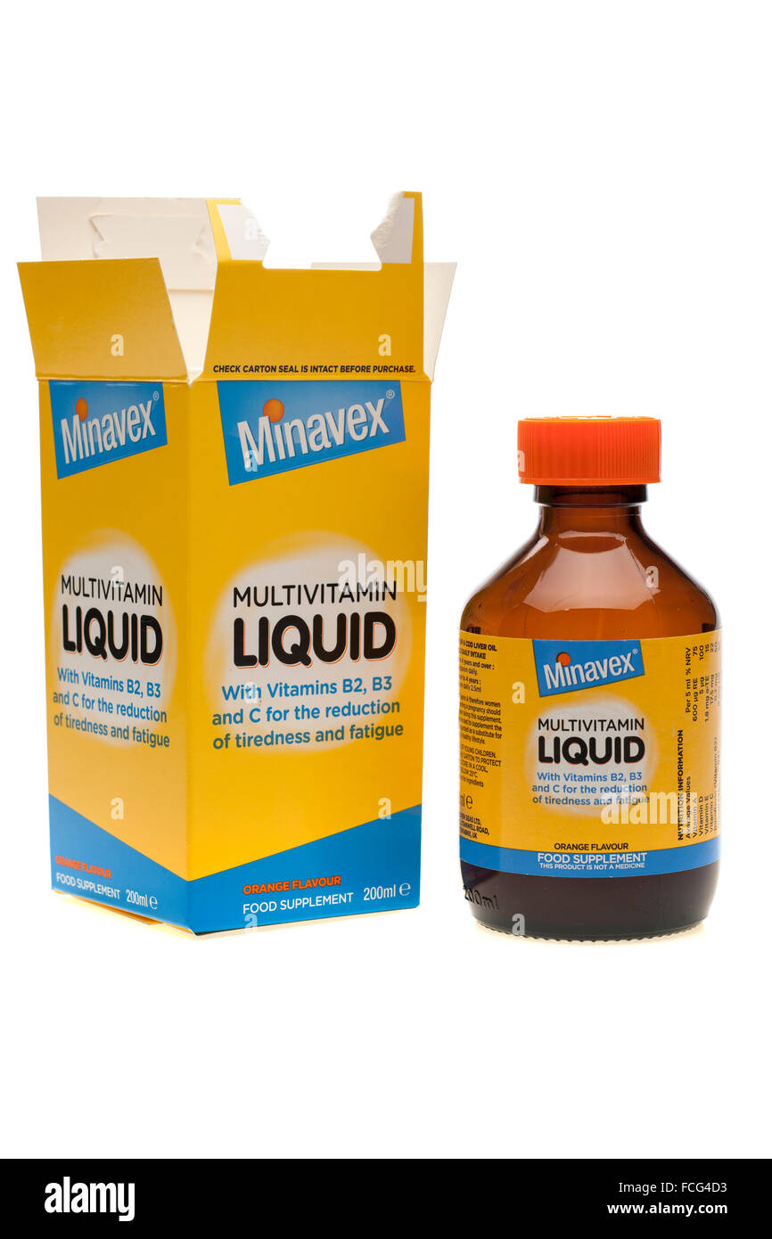 Box and Bottle of Minavex multivitamin liquid with vitamins B2 B3 and C