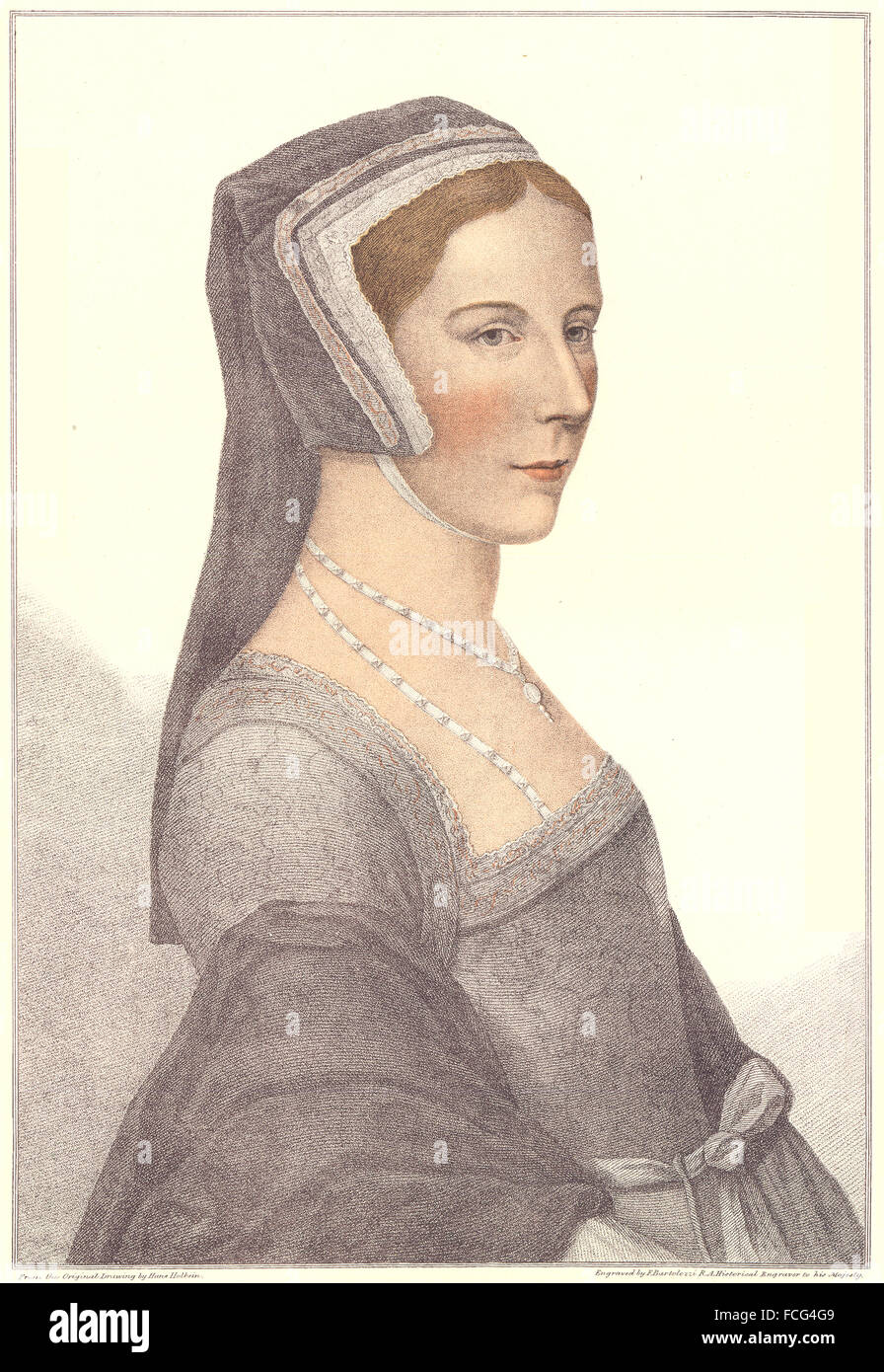 HOLBEIN: Unknown Lady from court of Henry VIII (Bartolozzi) (4), print 1884 Stock Photo