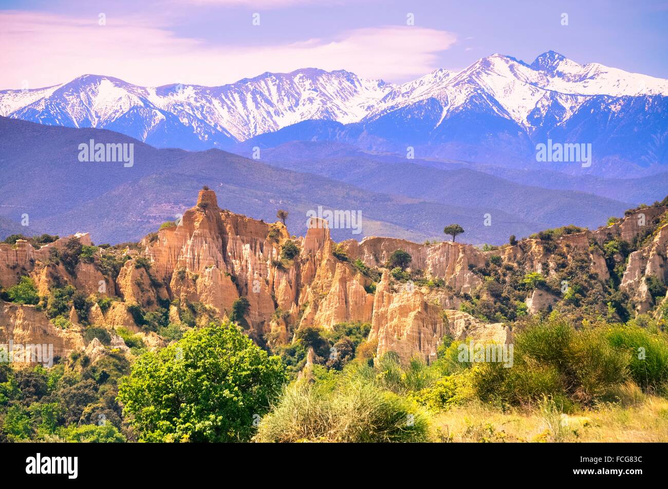 The orgues of Ille sur Tet, Canigou Massif in the Background. France, Pyrenees Orientales Stock