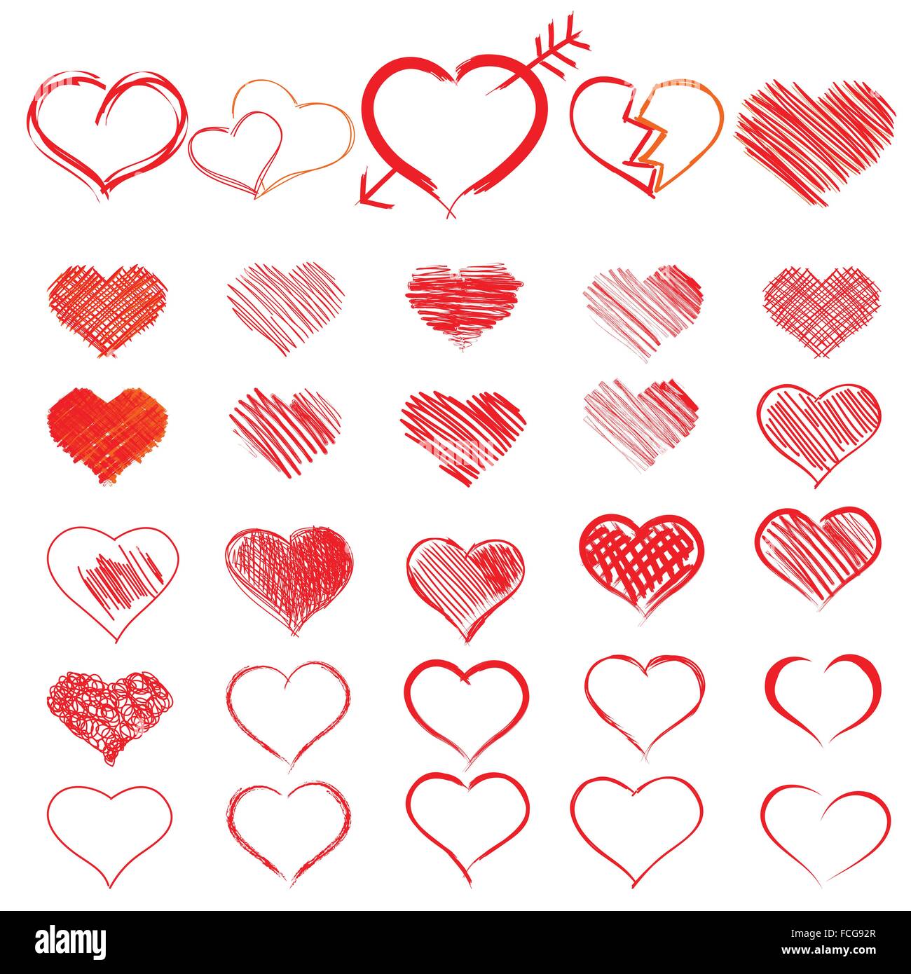 Set of symbols heart, isolated on white, vector.  Hand drawn. Stock Vector