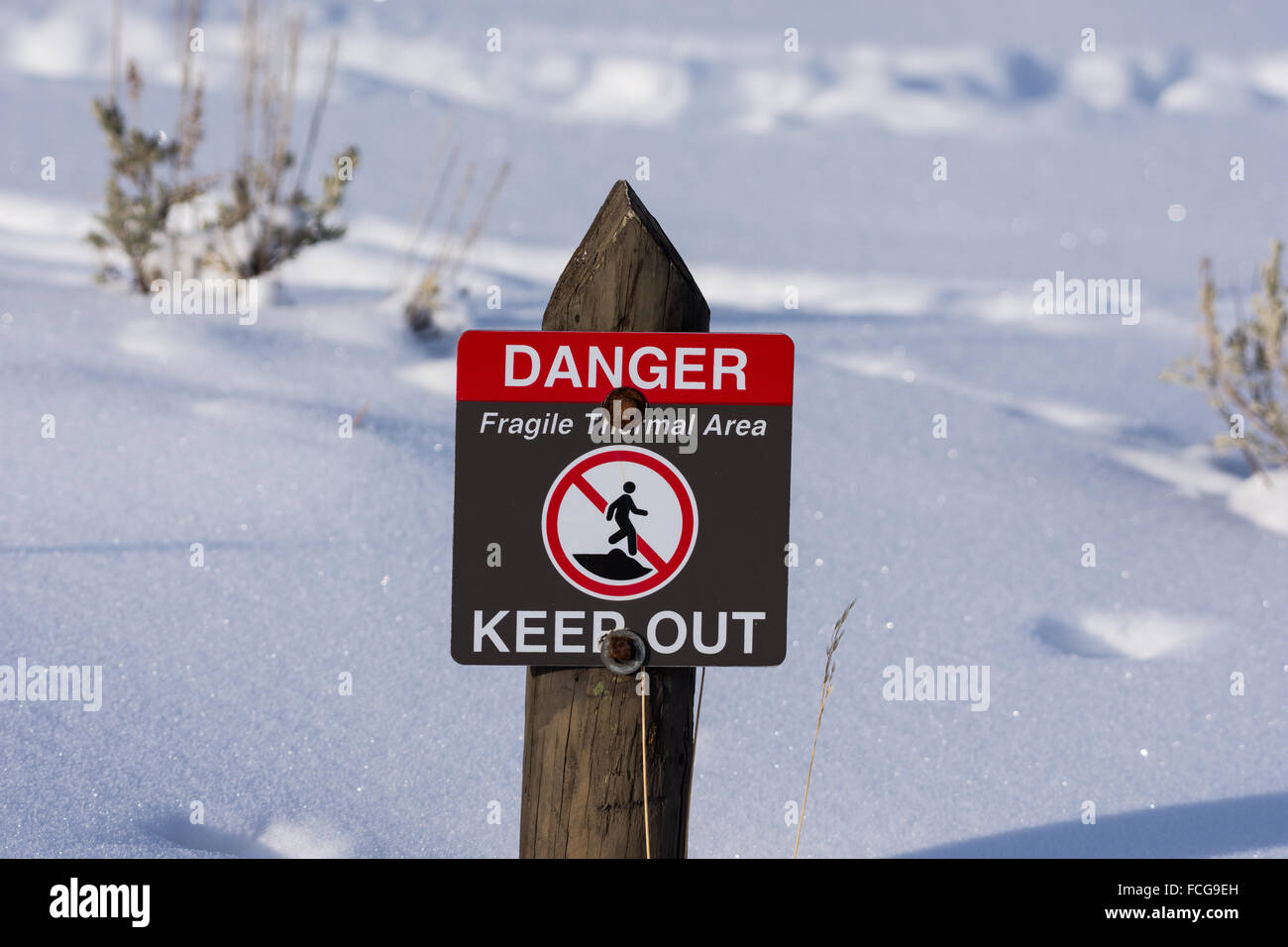 Warning sign of geothermal danger. Yellowstone National Park, Wyoming, USA. Stock Photo
