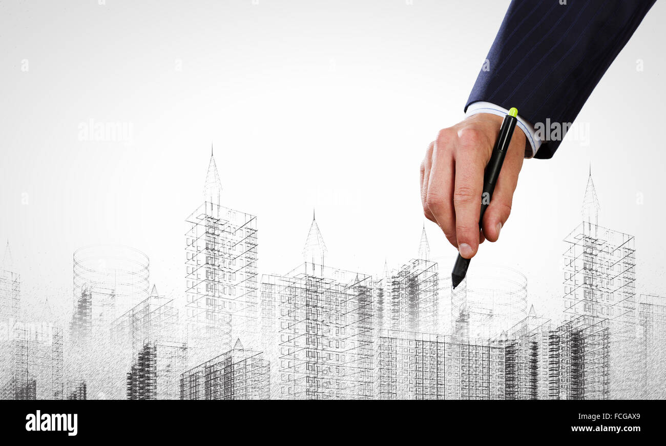 Close up of male hand drawing construction project Stock Photo Alamy