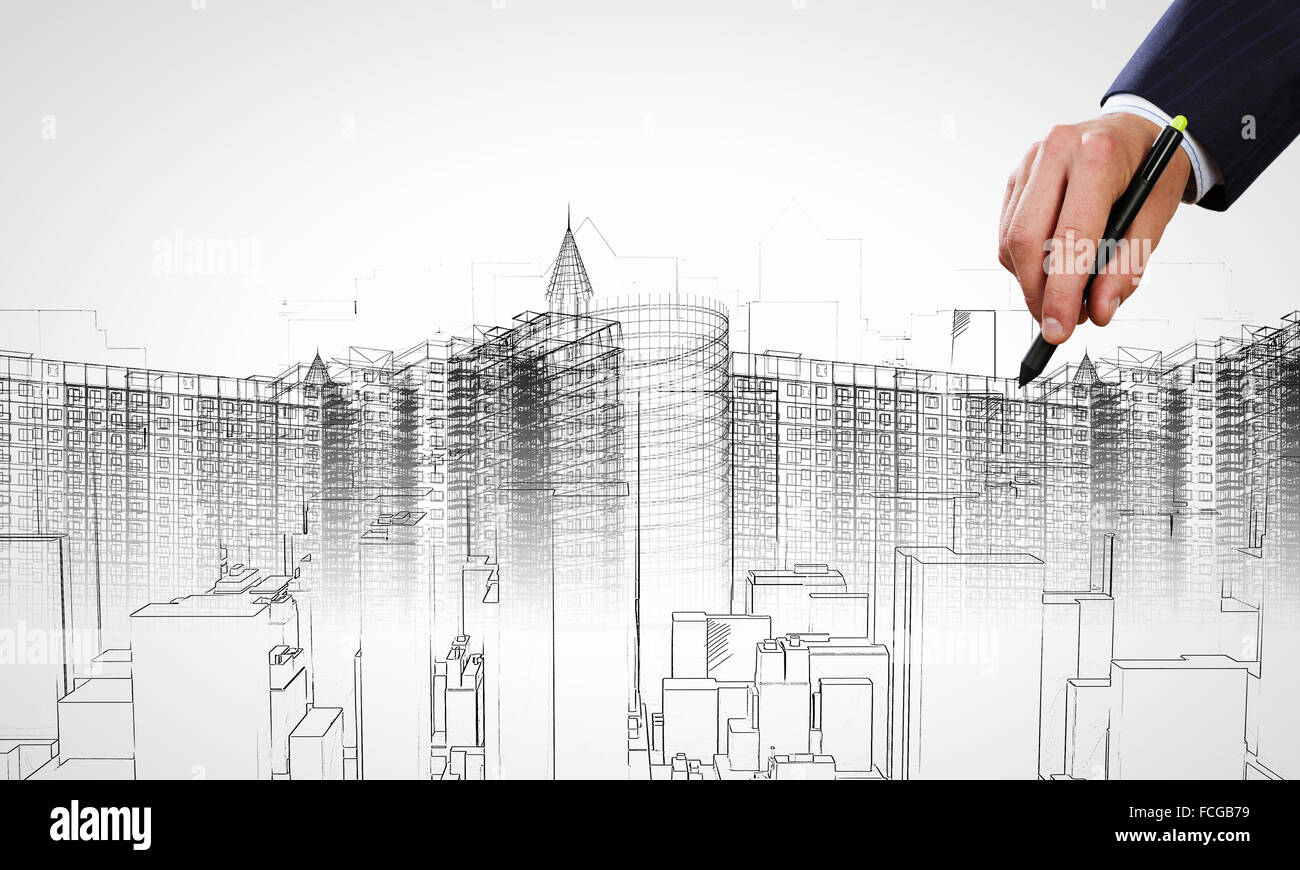 Close up of male hand drawing construction project Stock Photo Alamy