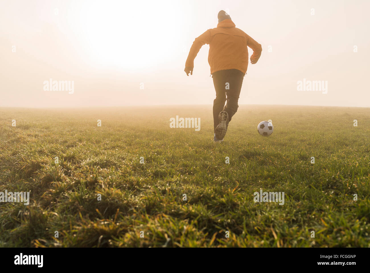 Young man playing soccer on meadow in the evening Stock Photo