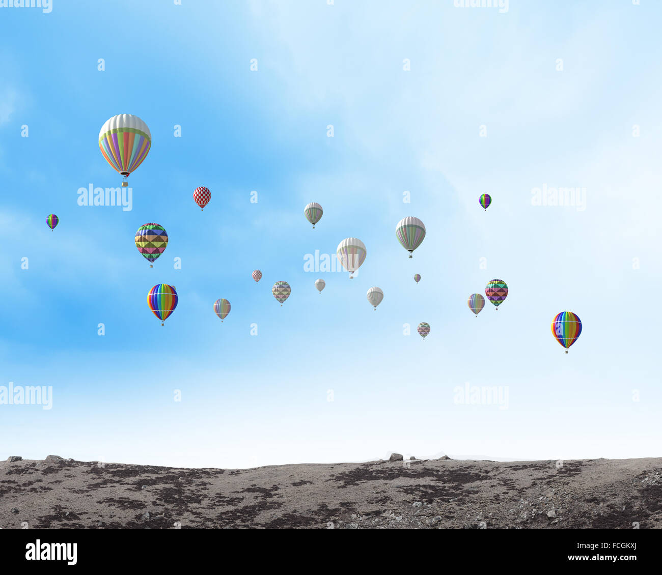 Colorful balloons flying high in blue sky Stock Photo - Alamy