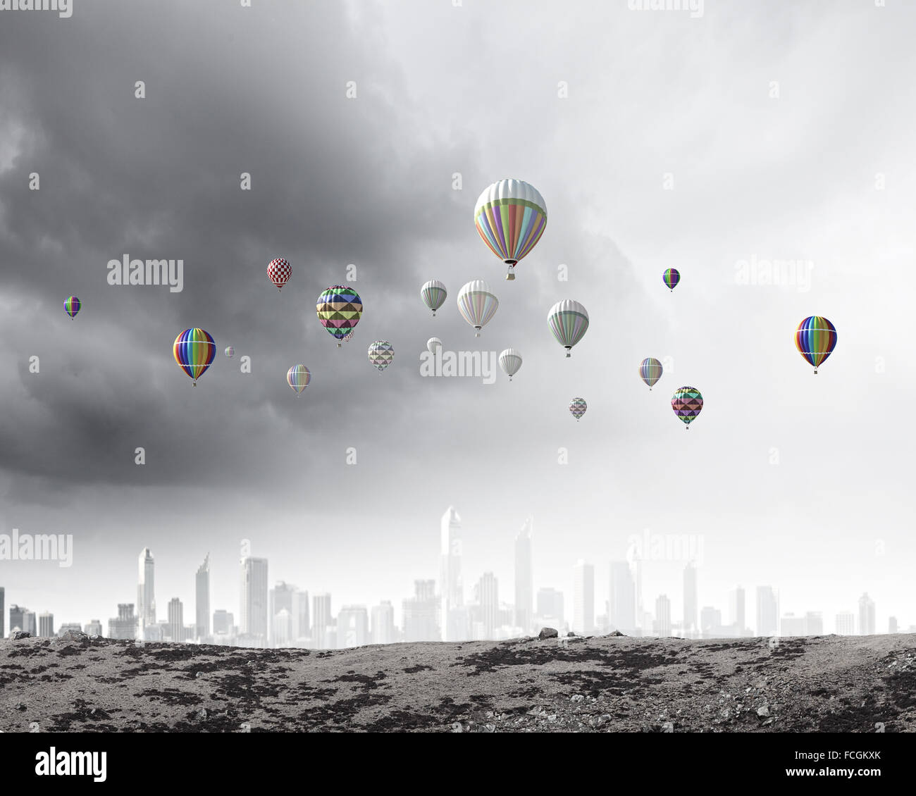 Colorful aerostats flying in clear sky above modern city Stock Photo ...