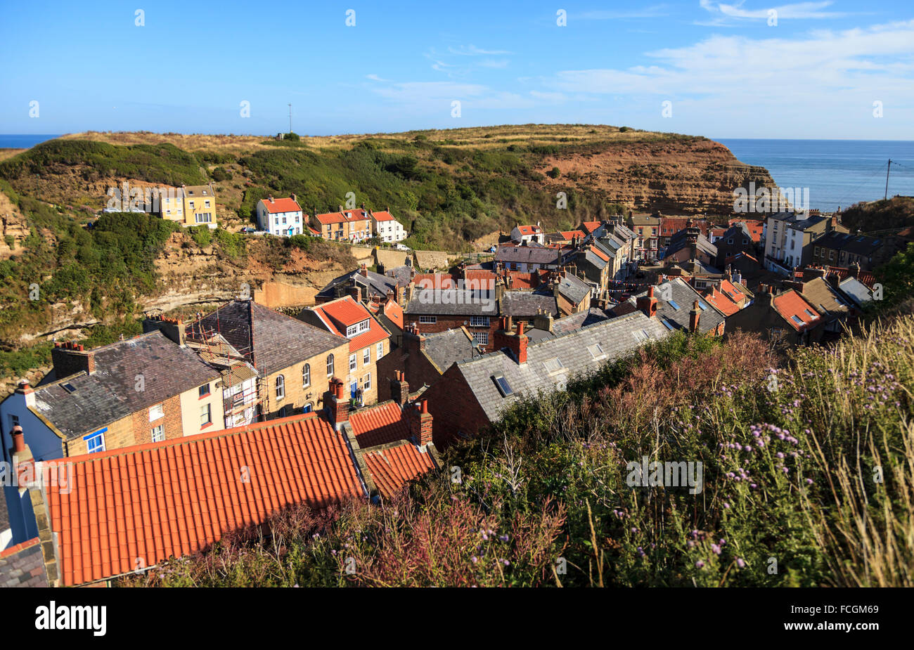 Red roofs of Staithes , on the East Coast of Yorkshire England Stock