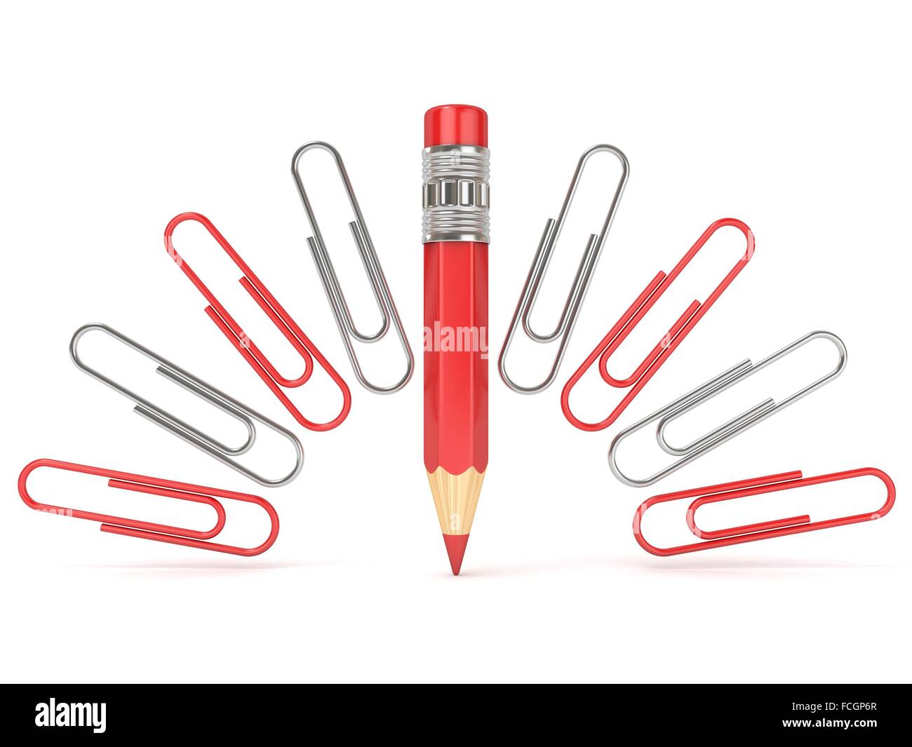 Pencil and paper clips, arc arranged. 3D render illustration isolated ...