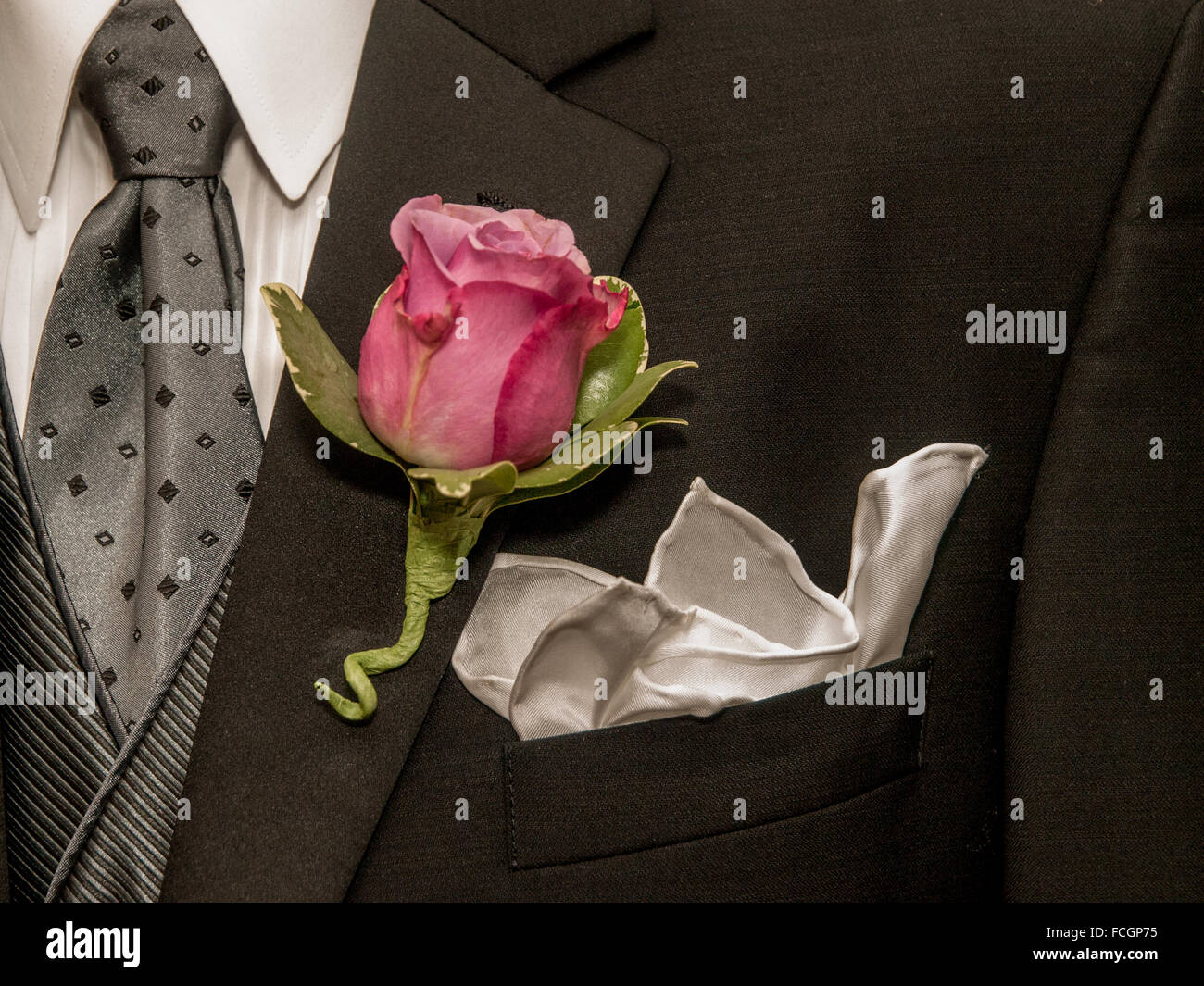Pink and green rose on lapel of black suit jacket. Stock Photo