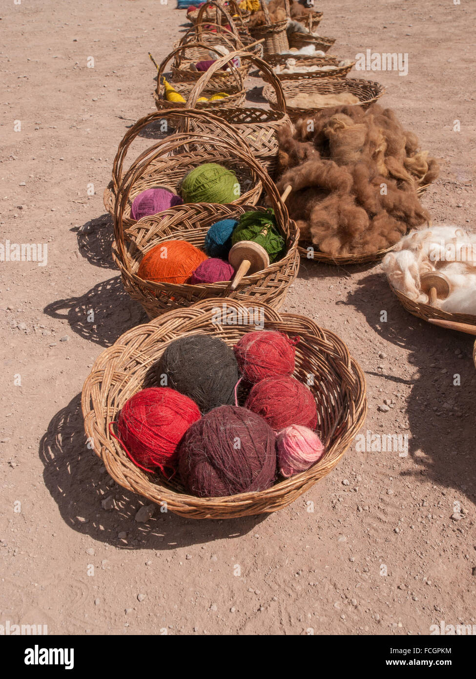 Alpaca dyed colourful yarn in baskets in Peru, South America. Stock Photo
