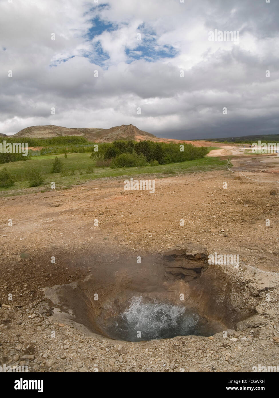 Small bubbling steaming geysir in Iceland. Stock Photo