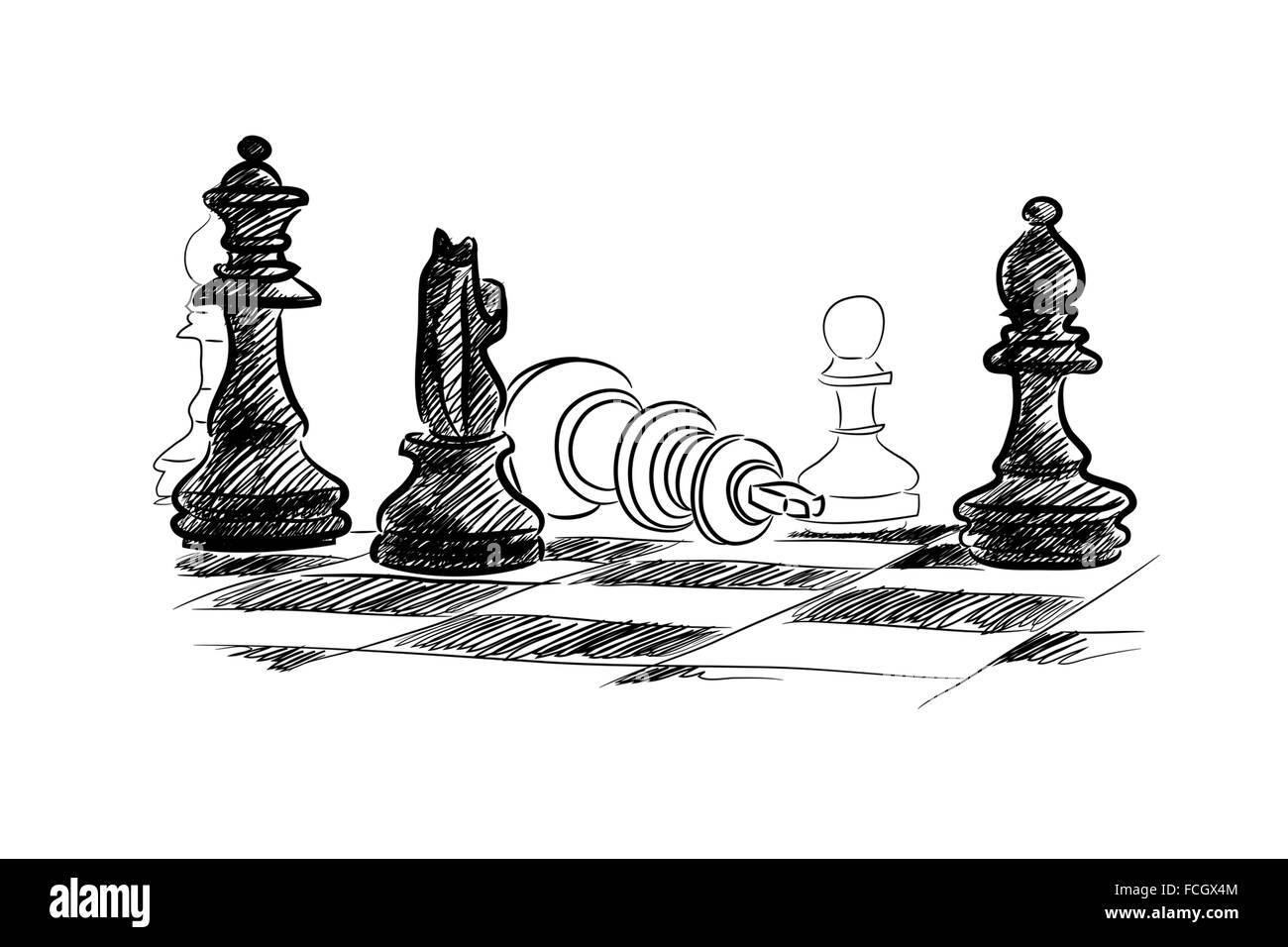 Conceptual sketch image with chess pieces on white background