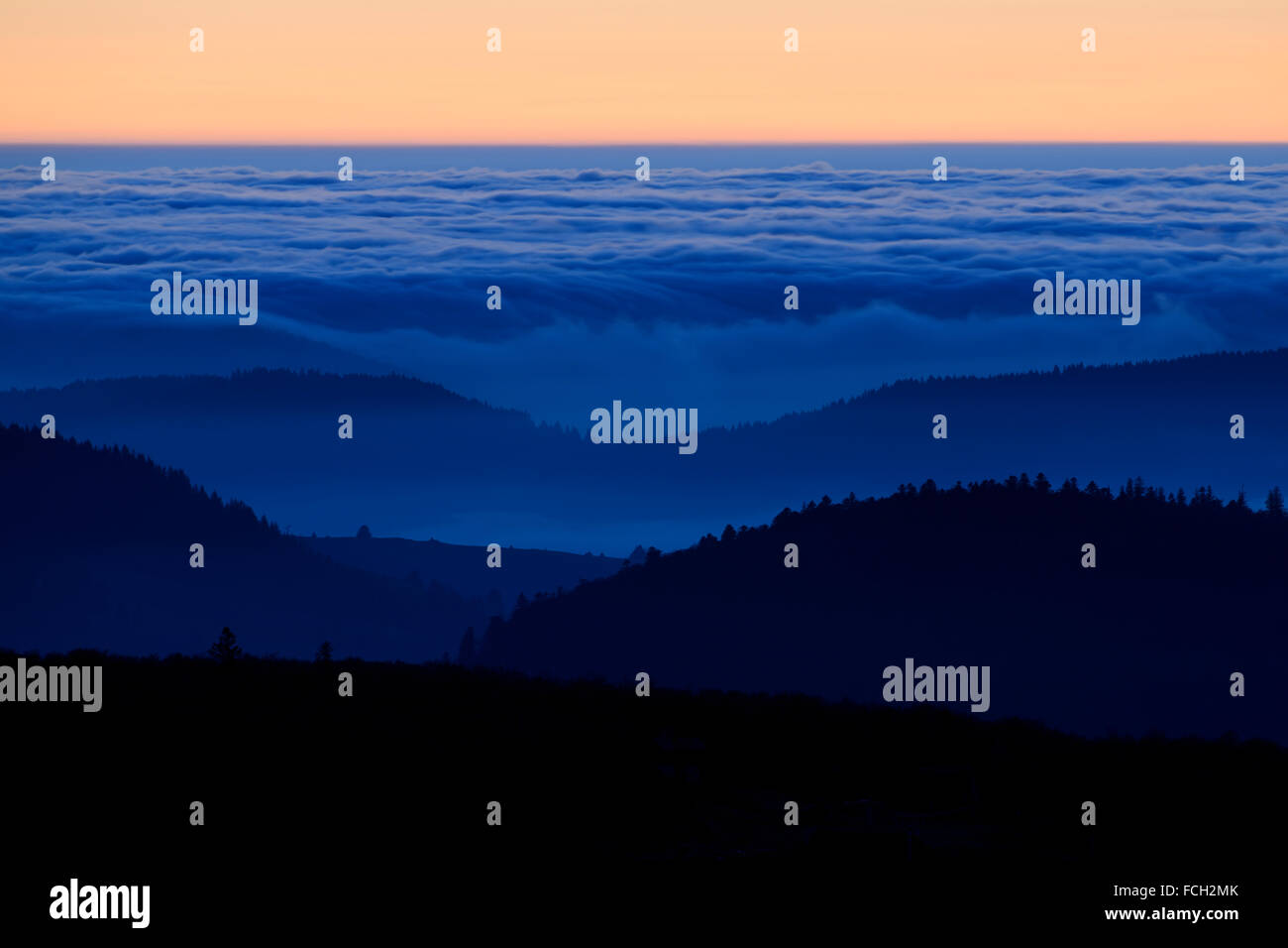 Distant view over wooded mountain ranges above the clouds with orange colored sky at dusk, atmospheric inversion at blue hour. Stock Photo