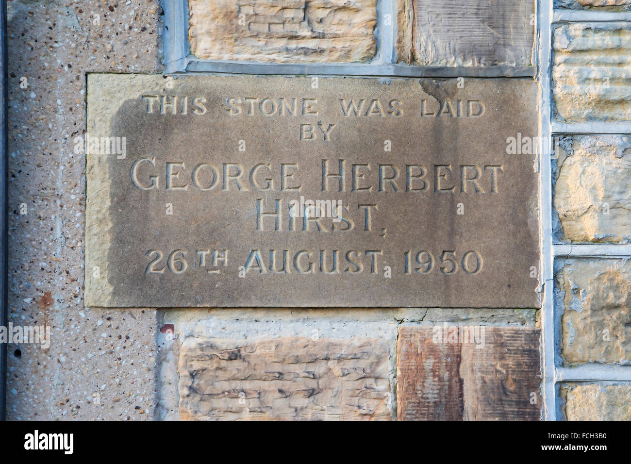 Foundation stone laid by Cricketer George Herbert Hirst at the Kirkheaton Cricket club where he played in Huddersfield Stock Photo