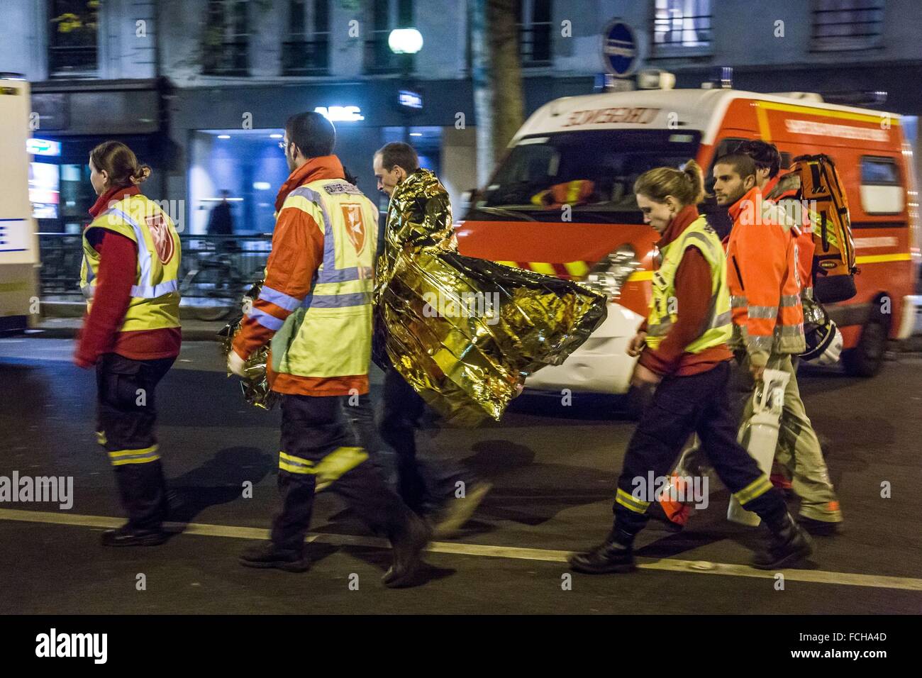 PARIS TERRORIST ATTACK AT THE BATACLAN COMMITTED BY MEMBERS OF ISIS, ISLAMIC STATE, 11TH ARRONDISSEMENT, PARIS (75), ILE DE FRANCE, FRANCE Stock Photo