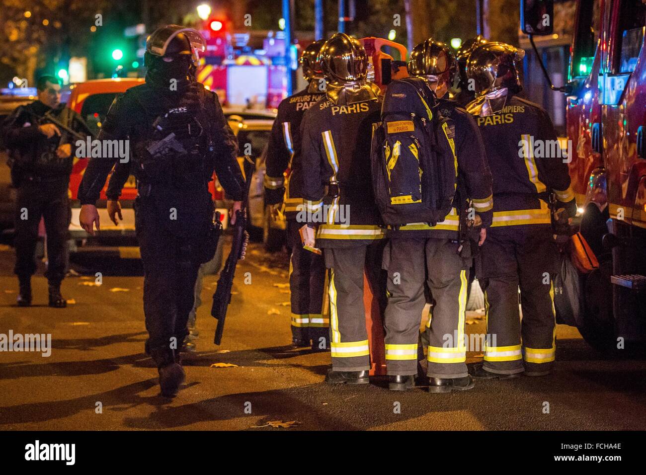 PARIS TERRORIST ATTACK AT THE BATACLAN COMMITTED BY MEMBERS OF ISIS, ISLAMIC STATE, 11TH ARRONDISSEMENT, PARIS (75), ILE DE FRANCE, FRANCE Stock Photo