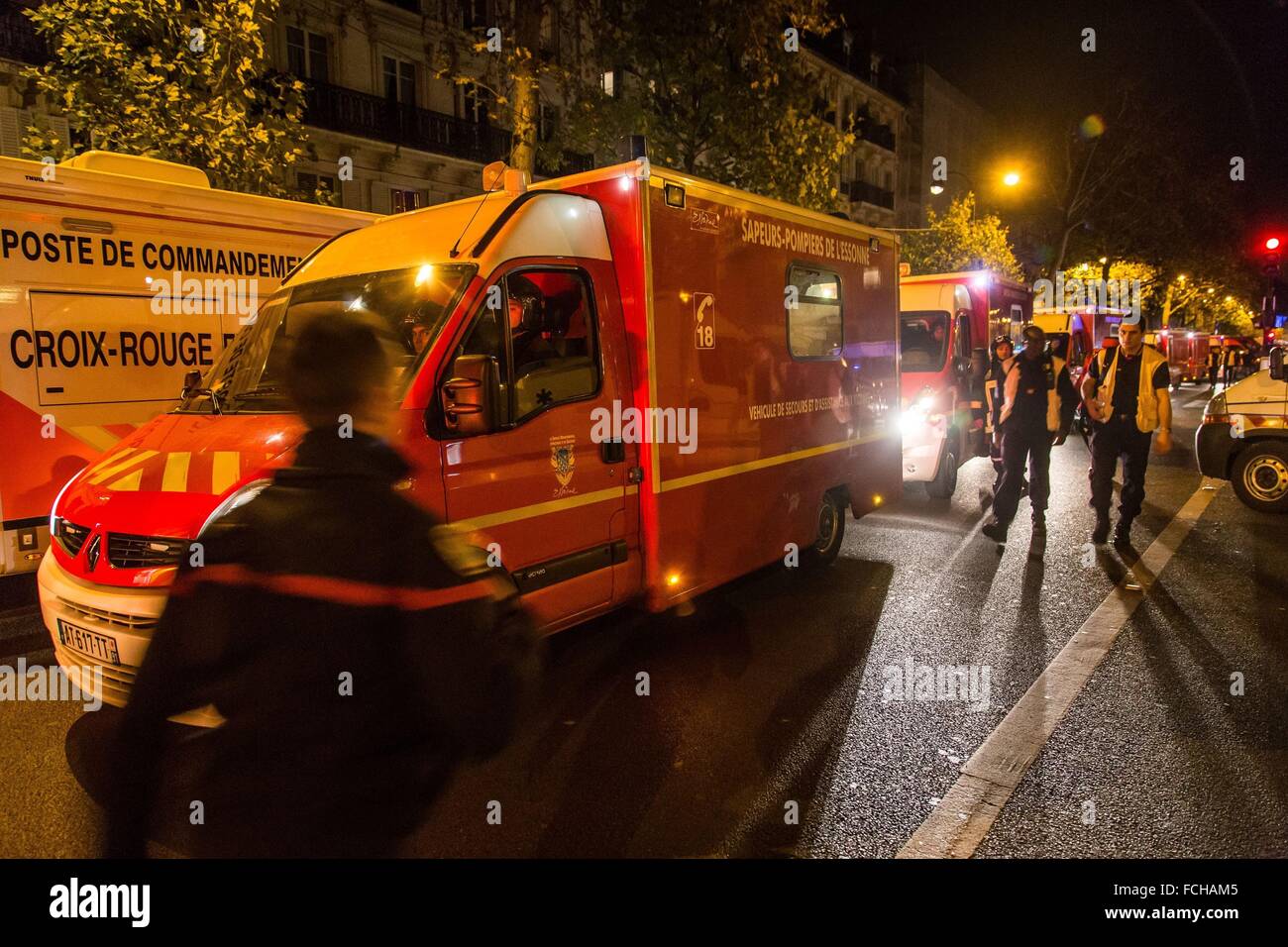 PARIS TERRORIST ATTACK AT THE BATACLAN COMMITTED BY MEMBERS OF ISIS, ISLAMIC STATE, 11TH ARRONDISSEMENT, PARIS (75), ILE DE FRANCE, FRANCE Stock Photo