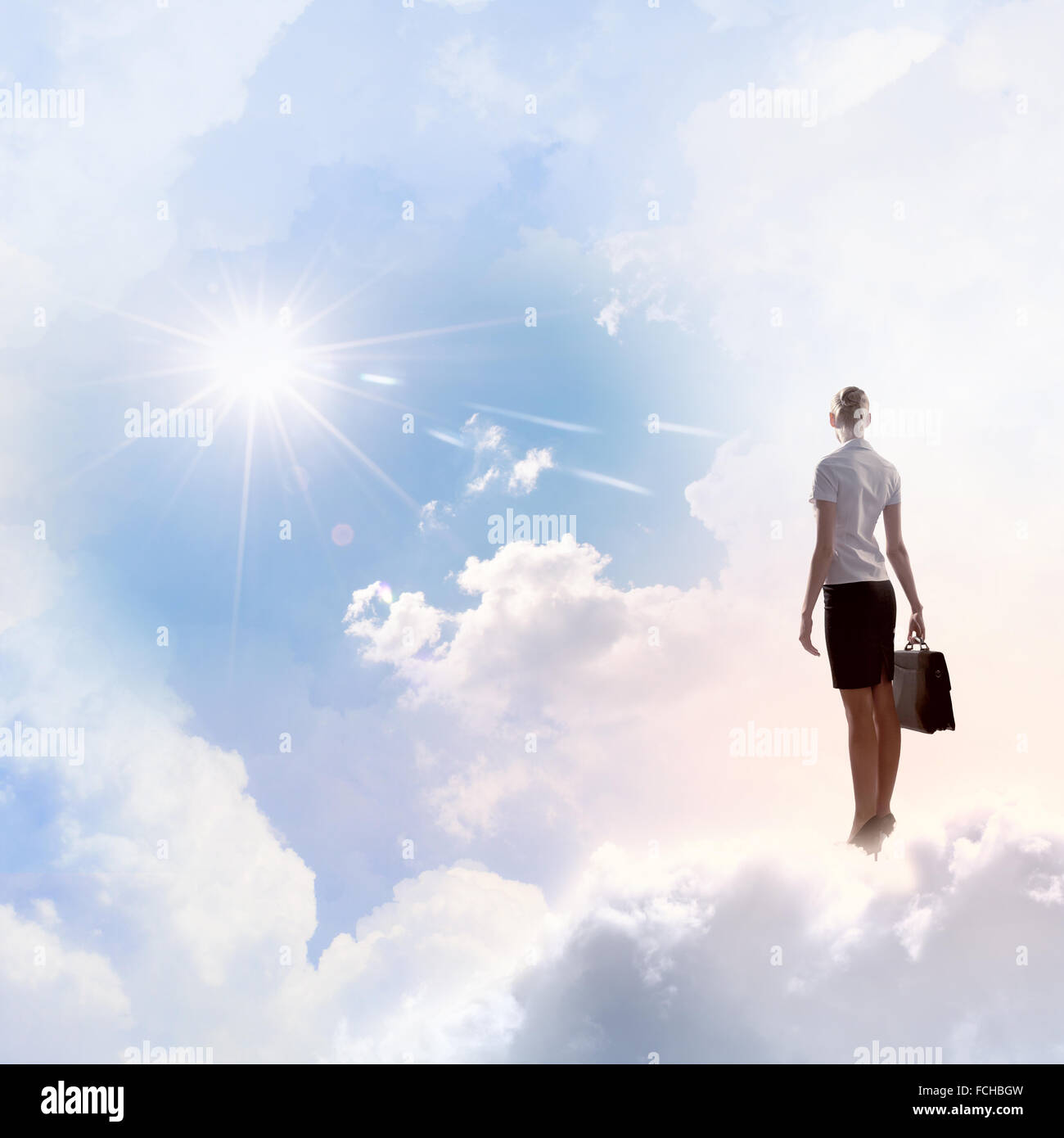 Rear view of businesswoman with suitcase standing on cloud Stock Photo ...