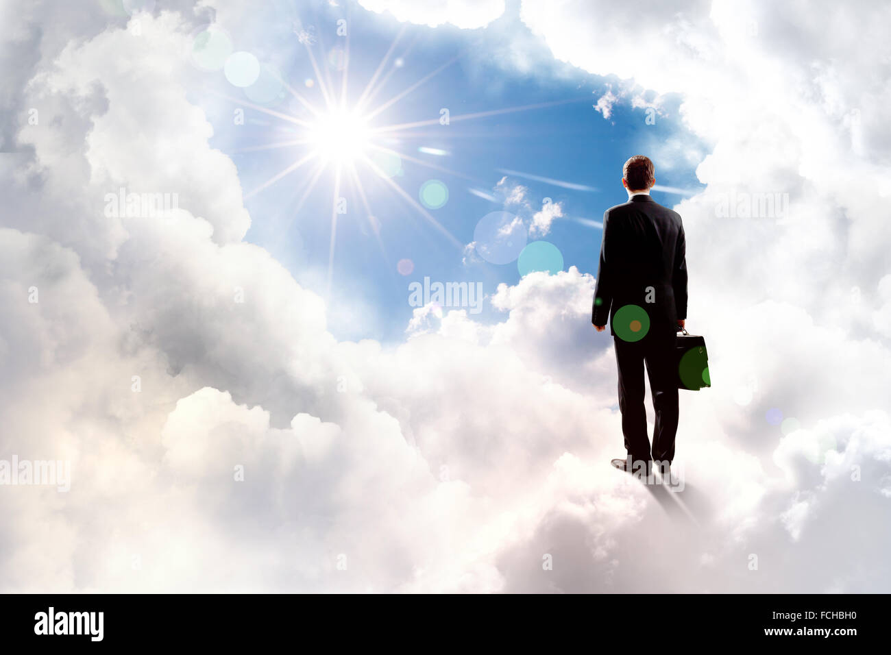 Rear view of businessman with suitcase standing on cloud Stock Photo ...