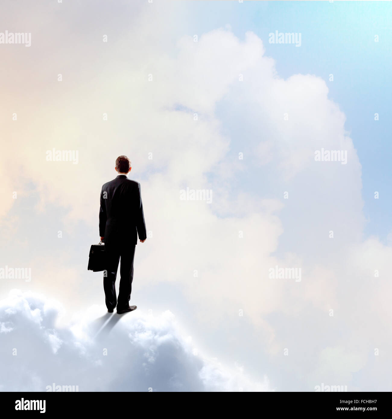 Rear view of businessman with suitcase standing on cloud Stock Photo ...